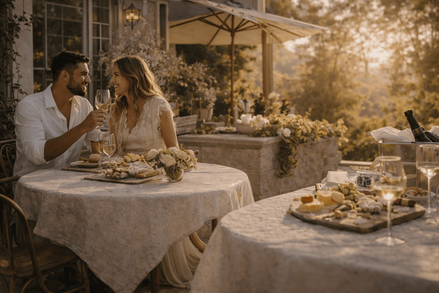 Couple partageant un dîner en terrasse au coucher du soleil